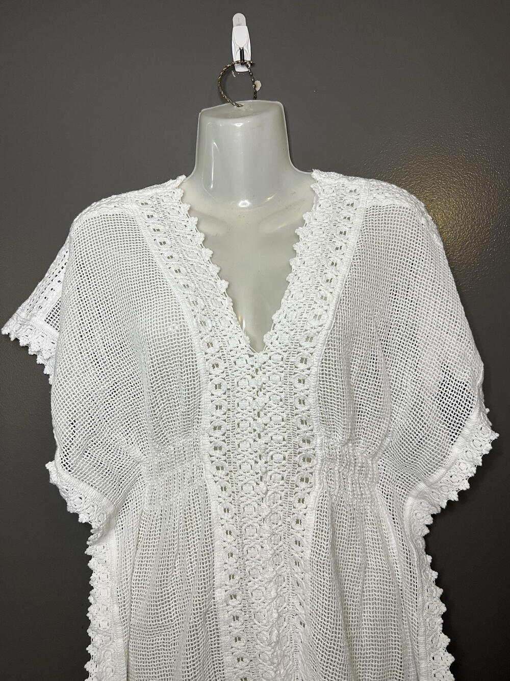 SeaSpice Cover Up Womens Medium White Crochet Mesh Lace Trim Beach Tunic Swim